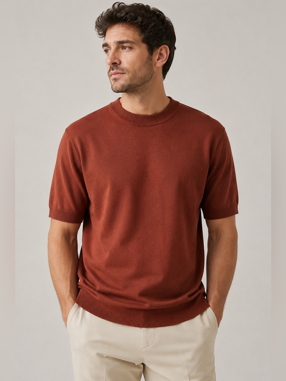 BNWT Unbranded Men’s Heavy Knit Crew Neck Short Sleeve Sweater Rust Size L